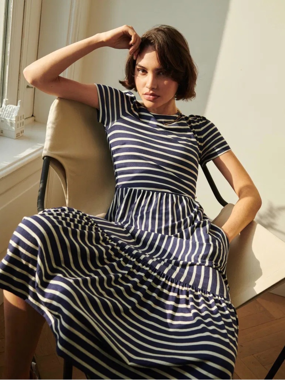 Boden Navy and White Striped Midi Dress